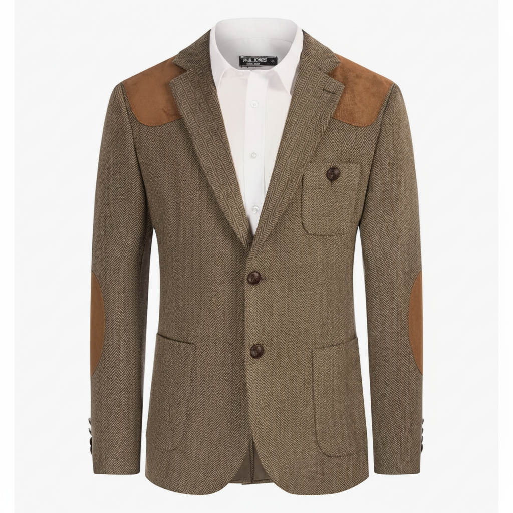 Classic Herringbone Tweed Blazer with Elbow Patches – Vintage Gentleman Style