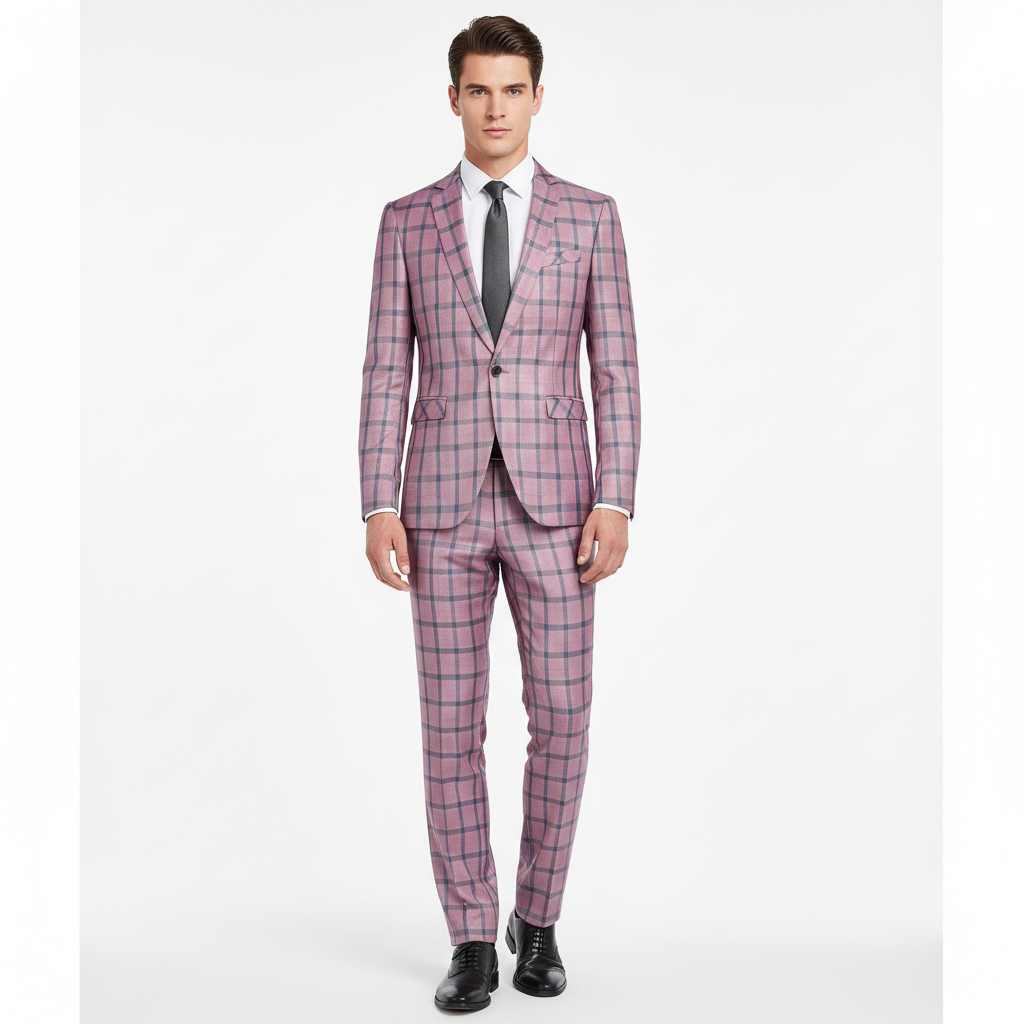 Pink Checkered Slim-Fit Men’s Blazer – Modern Single-Button Style