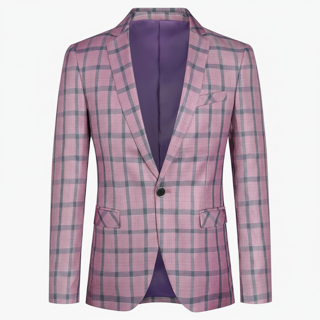 Pink Checkered Slim-Fit Men’s Blazer – Modern Single-Button Style