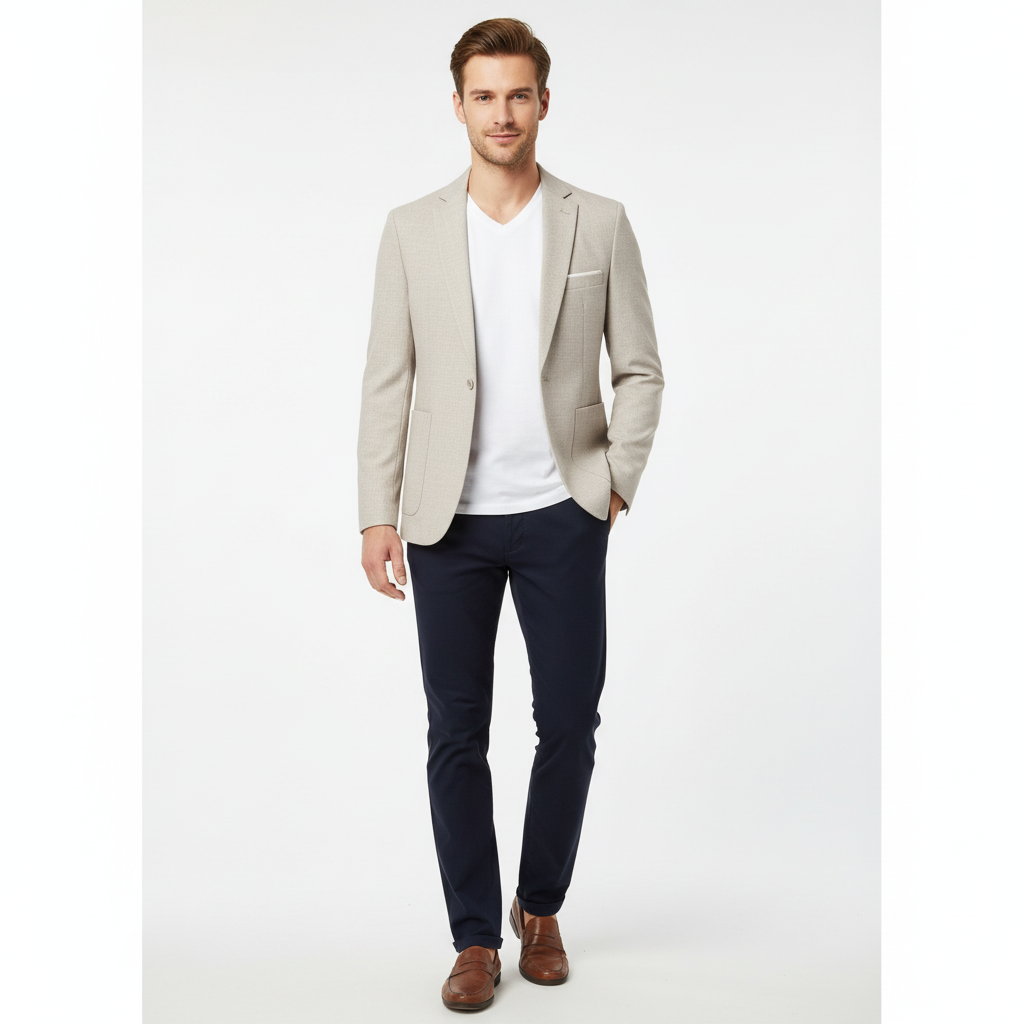 Men’s Light Beige Casual Blazer – Modern Slim Fit with Pocket Detailing